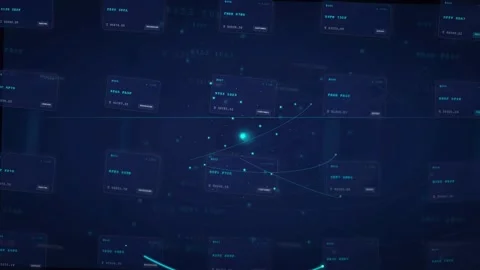 Abstract Digital Data Flow with Glowing Blue Particles and HUD Interface Stock Footage 339318045