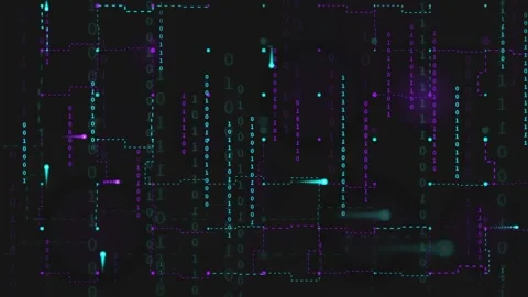Abstract digital data flow with glowing neon lines and binary code on dark Stock Footage 339323909