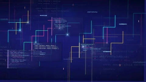 Abstract Digital Data Flow with Glowing Circuit Lines and Programming Code on Stock Footage 339970695