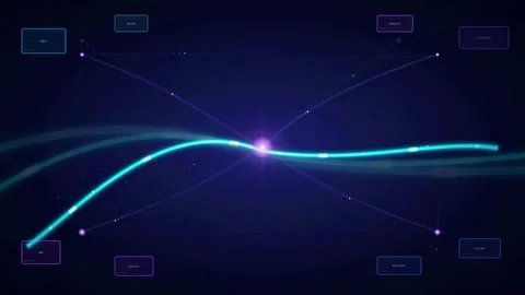 Abstract digital data flow with glowing blue neon lines and particles on dark Vidéo 340120468