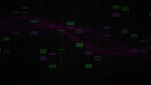 Abstract Digital Data Flow with Glowing Purple Wave and Floating Green Rect.. Stock Footage 341779226