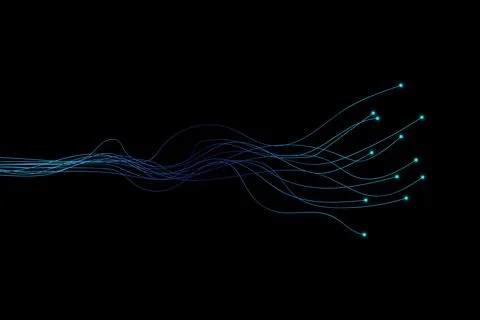 Abstract Digital Data Flow Lines with Glowing Nodes on Dark Background Stock Illustration