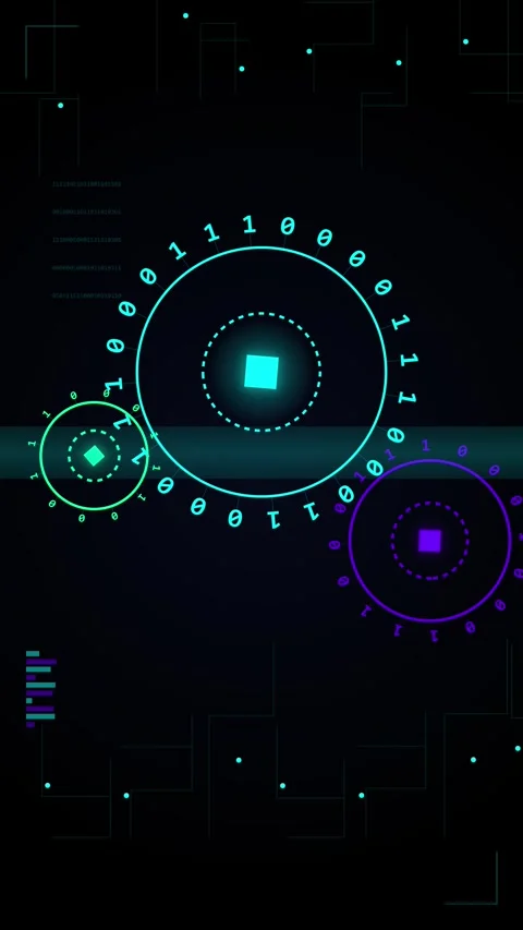 Abstract Digital Data Flow Network Visualization on Neon Futuristic HUD Scree Video stock 344949561