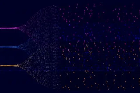Abstract digital data flow visualization with binary code, particle streams.. Illustrazione stock