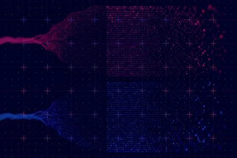 Abstract digital data flow visualization with binary code, particle streams.. Illustrazione stock