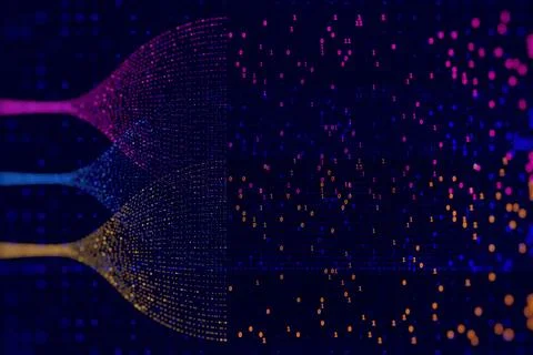 Abstract digital data flow visualization with binary code, particle streams a Illustrazione stock