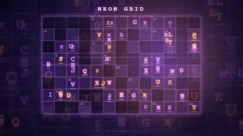 Abstract Digital Data Grid with Glowing Purple Neon Letters and Floating Stock Footage 343156041