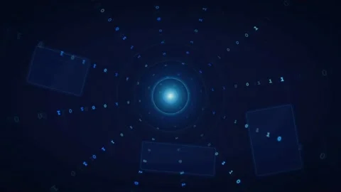 Abstract Digital Data Interface with Glowing Blue Core and Binary Code Floating Stock Footage 339326233