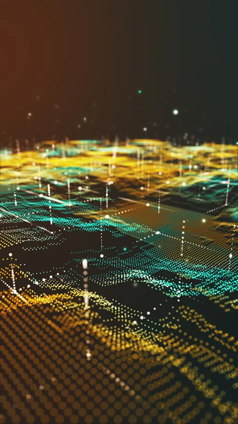 Abstract digital data landscape with glowing gold particles. Stock Footage 304185319