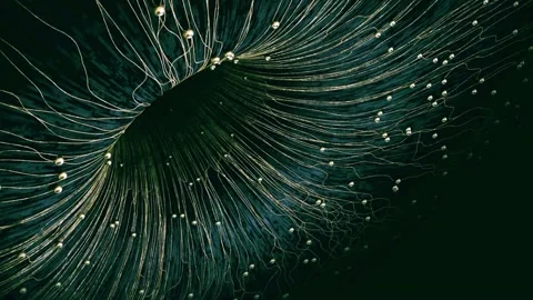 Abstract digital data lines moving into dark central tunnel graphic. Video stock 343671032