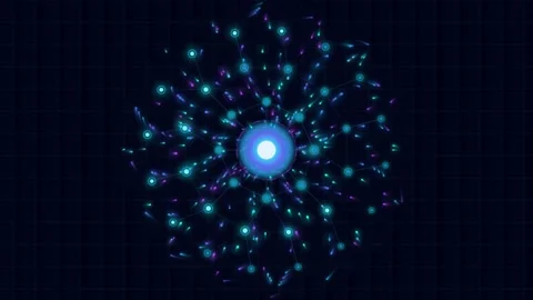 Abstract digital data network core spinning glowing particles on dark grid .. Vídeo Stock 343248960