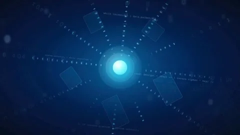 Abstract Digital Data Network with Glowing Central Core and Floating Binary Stock Footage 339322036