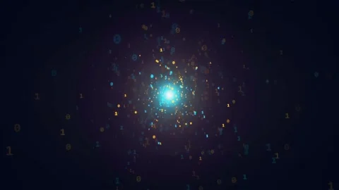 Abstract Digital Data Particles Flowing Towards a Glowing Central Light in Dark Stockbeeldmateriaal 336772076