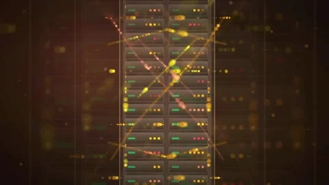 Abstract Digital Data Server with Glowing Golden Connection Lines and Floating Stock Footage 340117781