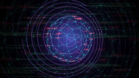 Abstract Digital Data Sphere with Rotating Network Connections and Scrolling Stock Footage 343164800