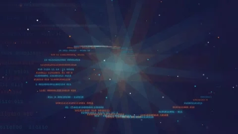 Abstract digital data stream with binary code flowing through a dark blue Video stock 336775420