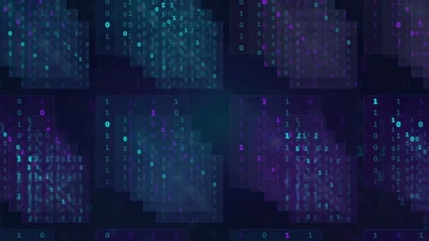 Abstract Digital Data Stream with Binary Code and Glowing Geometric Squares in Stock Footage 336776502