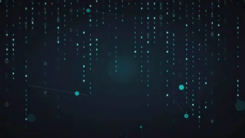 Abstract Digital Data Stream with Binary Code and Glowing Particles on Dark Stock Footage 336778983