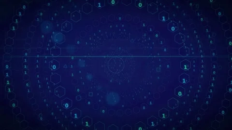 Abstract Digital Data Stream with Binary Code and Hexagonal Grid in Deep Blue Stock Footage 339323838