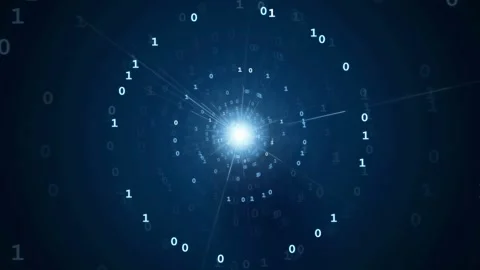 Abstract digital data stream with binary code orbiting a glowing central light Stock-Footage 343151525