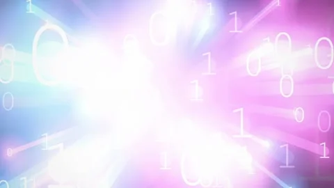 Abstract digital data stream with binary code flying through a glowing purple Stock-Footage 343154746