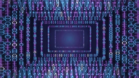 Abstract Digital Data Stream with Binary Code and Glowing Blue and Purple Neon Stock-Footage 343155388