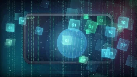Abstract Digital Data Stream with Binary Code and Glowing Geometric Elements on Video stock 343157047