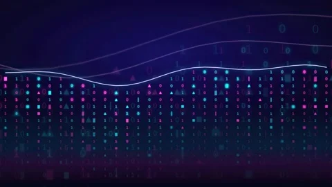 Abstract Digital Data Stream with Binary Code and Glowing Waveforms on Dark 库存影片 343866138