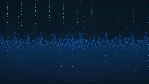 Abstract Digital Data Stream with Blue Waveforms and Falling Binary Code on Stock Footage 336774447
