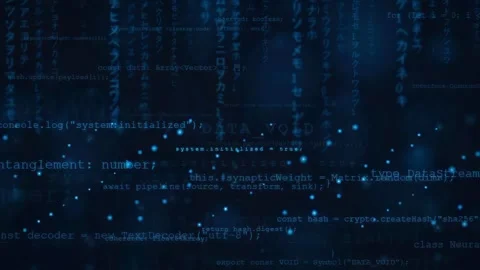 Abstract Digital Data Stream with Blue Glowing Code and Binary Information Stock Footage 336777013