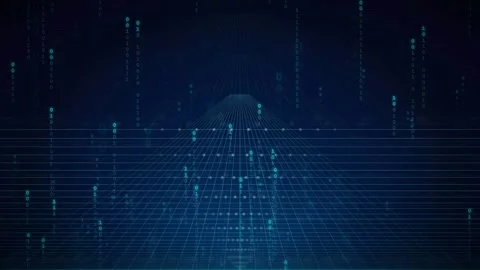 Abstract Digital Data Stream with Blue Glowing Grid and Binary Code Particles Video stock 339324267