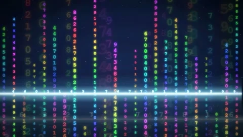 Abstract digital data stream with colorful falling numbers and glowing Stock Footage 343874429