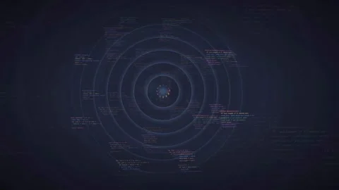 Abstract Digital Data Stream with Concentric Circles and Scrolling Computer Stock Footage 339974301