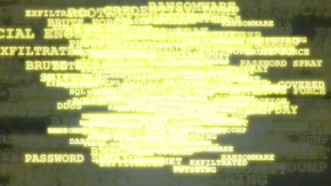 Abstract digital data stream with cybersecurity terms and hacking keywords Stock Footage 341816106