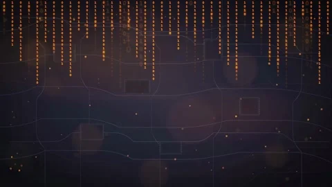 Abstract Digital Data Stream with Falling Orange Binary Code on Dark Blue Stock Footage 336776237
