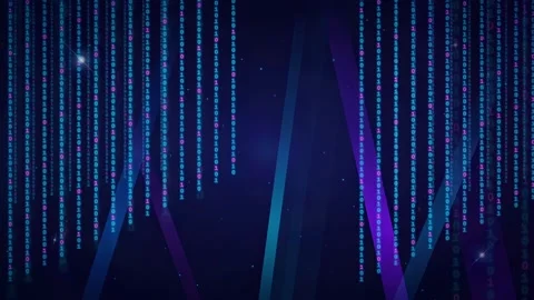 Abstract Digital Data Stream with Falling Binary Code and Glowing Neon Lines on Stock Footage 339318438