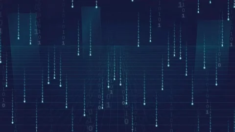 Abstract digital data stream with falling binary code and glowing grid in dark Stock Footage 339318608