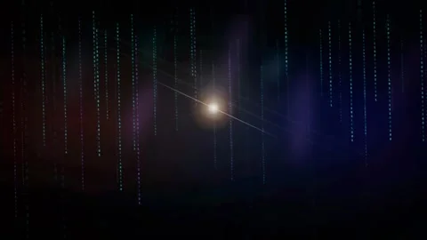 Abstract digital data stream with falling blue particles and glowing light on Stockbeeldmateriaal 339320106