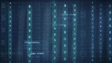 Abstract Digital Data Stream with Falling Binary Code and Technical Text on Stock Footage 339324950