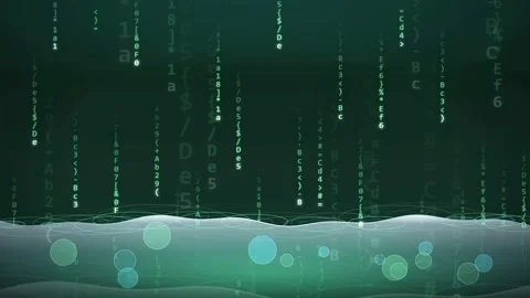 Abstract Digital Data Stream with Falling Binary Code and Fluid Wave Motion Stock Footage 341825655