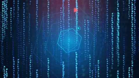 Abstract Digital Data Stream with Falling Binary Code and Glowing Hexagonal Video stock 343152465