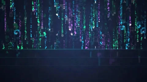 Abstract digital data stream with falling neon code and glitch effects on dark Vidéo 343160122