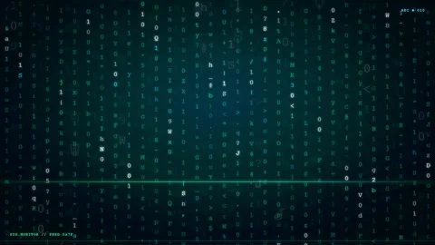 Abstract digital data stream with falling binary code and characters on dark Video stock 343172662