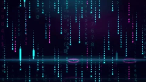Abstract digital data stream with falling binary numbers and glowing neon light 스톡 동영상 343868795