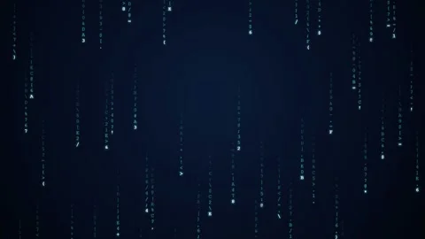 Abstract digital data stream with falling binary code on a dark blue Vídeo Stock 345765426