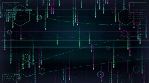 Abstract Digital Data Stream with Falling Binary Code and Futuristic HUD 库存影片 345766223