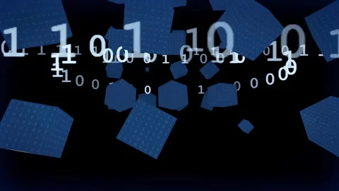 Abstract Digital Data Stream with Floating Binary Code and Blue Geometric Cubes Stock Footage 336758839