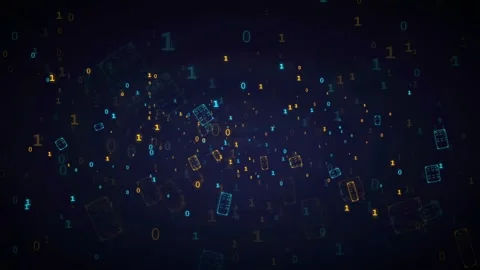 Abstract Digital Data Stream with Floating Binary Code and Geometric Shapes on Stock Footage 336772214