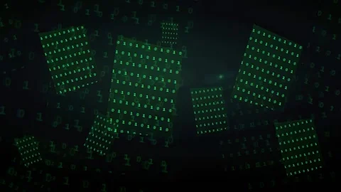 Abstract Digital Data Stream with Floating Green Binary Code Panels on Dark Stock Footage 336773751