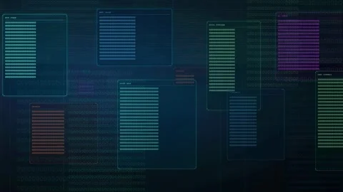 Abstract Digital Data Stream with Floating Holographic Interface Panels on Dark Stock Footage 336774973